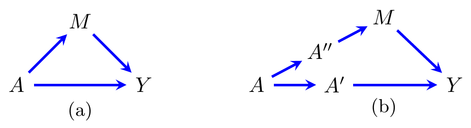 (a) A graph representing the mediation scenario; (b) the graph from (a) with two additional nodes representing locations for interventions in a separable effects model.