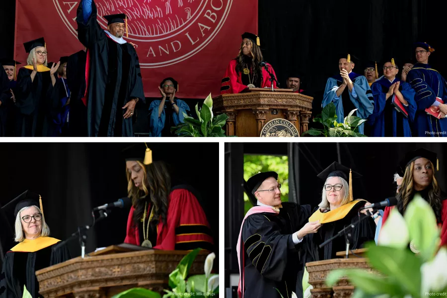 Collage of photos with Christl Donnelly accepting an honorary degree at Oberlin College and Conservatory