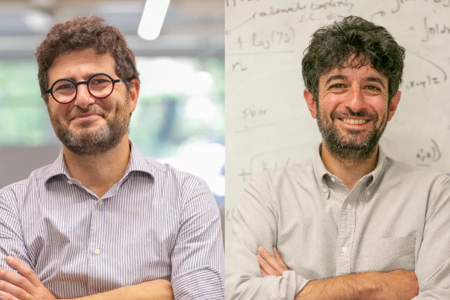 A collage of two portrait photos – two white male academics with dark hair and beards (the one on the left wears glasses and the one on the right does not) from the Department of Statistics. They both have their arms crossed.
