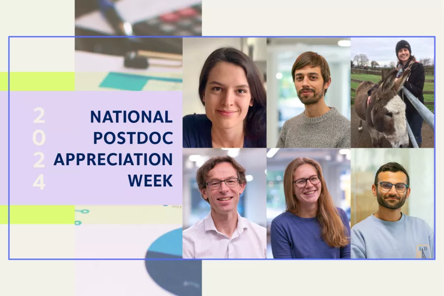 A collage of portraits of 6 postdoctoral researchers, 3 women and 3 men framed by a colbalt blue rectangle with the text: "2024 National Postdoc Appreciation Week" to the left in dark blue against a lilac background, all against a dark cream background.