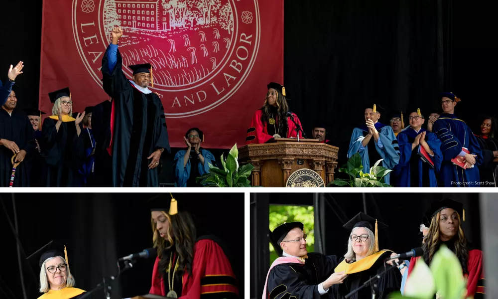 Collage of photos with Christl Donnelly accepting an honorary degree at Oberlin College and Conservatory