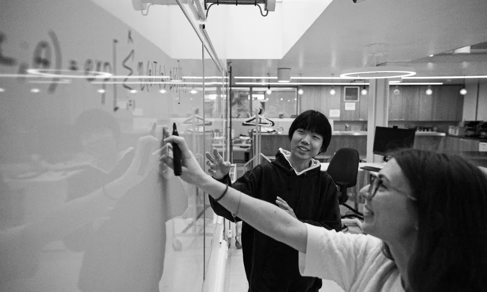 Students writing on a whiteboard