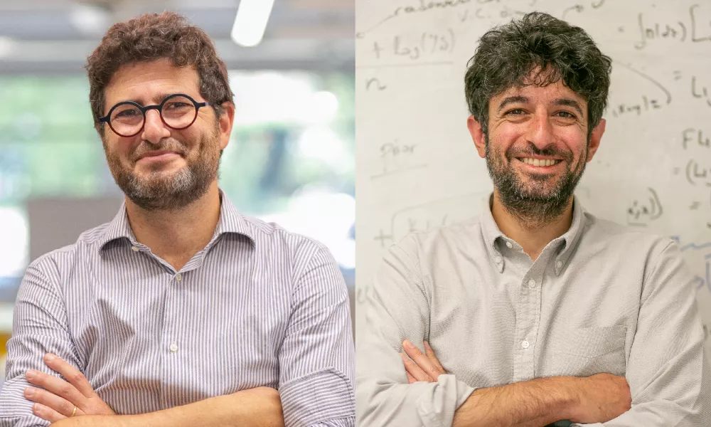 A collage of two portrait photos – two white male academics with dark hair and beards (the one on the left wears glasses and the one on the right does not) from the Department of Statistics. They both have their arms crossed.