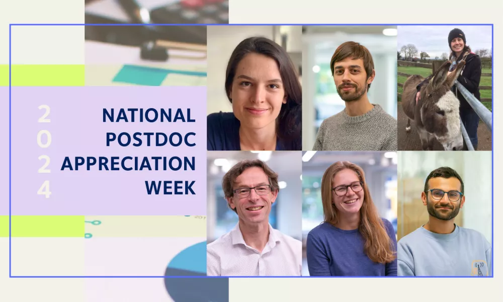 A collage of portraits of 6 postdoctoral researchers, 3 women and 3 men framed by a colbalt blue rectangle with the text: "2024 National Postdoc Appreciation Week" to the left in dark blue against a lilac background, all against a dark cream background.
