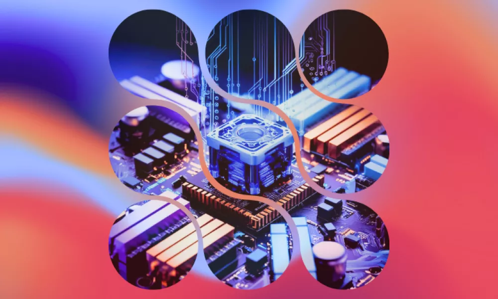 A graphic with a gradient background with an AI generated photograph made through prompts in Dream Lab by Canva. The image is of an electronic board with a 3D microchip a circuit board illustration coming out of the chip towards the top of the frame. Both the gradient and the photograph are in dark colours with accent colours of light blue, violet, lilac, and orange. The photo is within an abstract shape.