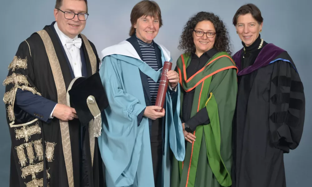Left to right in the photo:  Professor Richard A. Williams, Principal and Vice-Chancellor of Heriot-Watt University. Alison Etheridge Professor Sara Lombardo, Executive Dean of the School of Mathematical & Computer Sciences Professor Beatrice Pelloni, Professor of Mathematics in the School of Mathematical & Computer Sciences. Credit: Heriot-Watt University